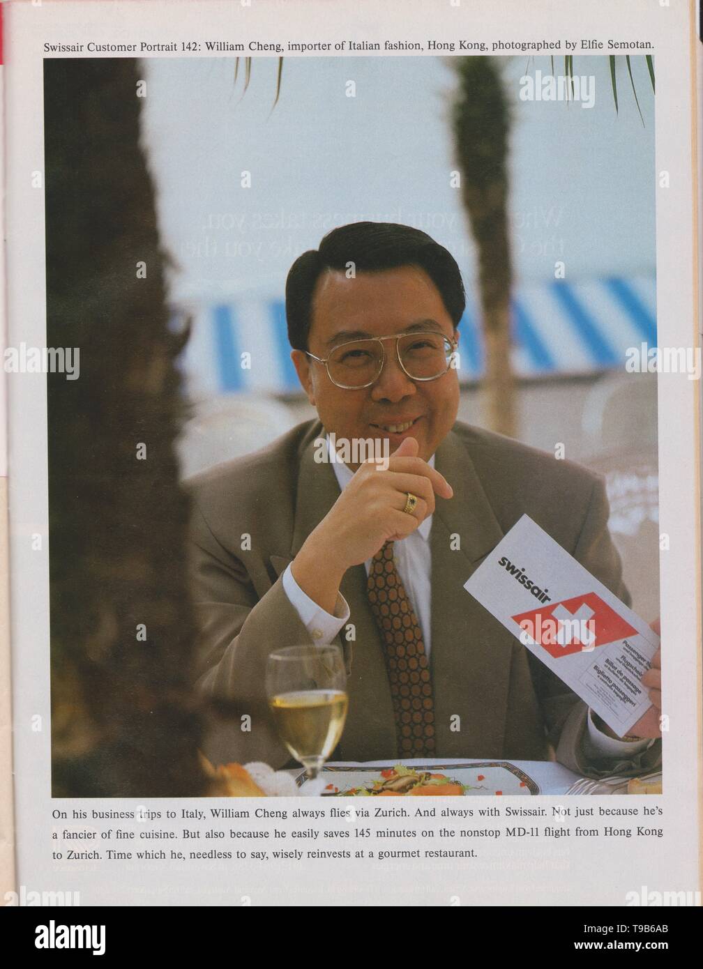 Affiche publicitaire de la compagnie aérienne Swissair dans magazine à partir de 1992, portrait client 142 William Cheng slogan publicitaire, à partir de 1990 Banque D'Images