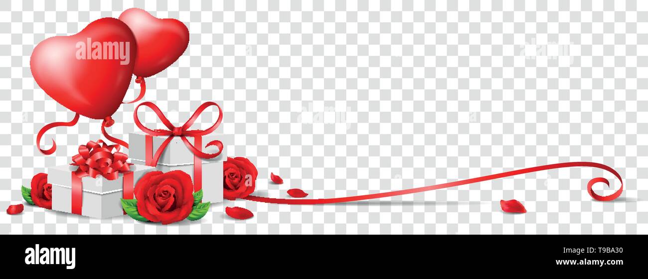 Valentines Day bannière avec coeur ballons, roses rouges et des cadeaux Illustration de Vecteur