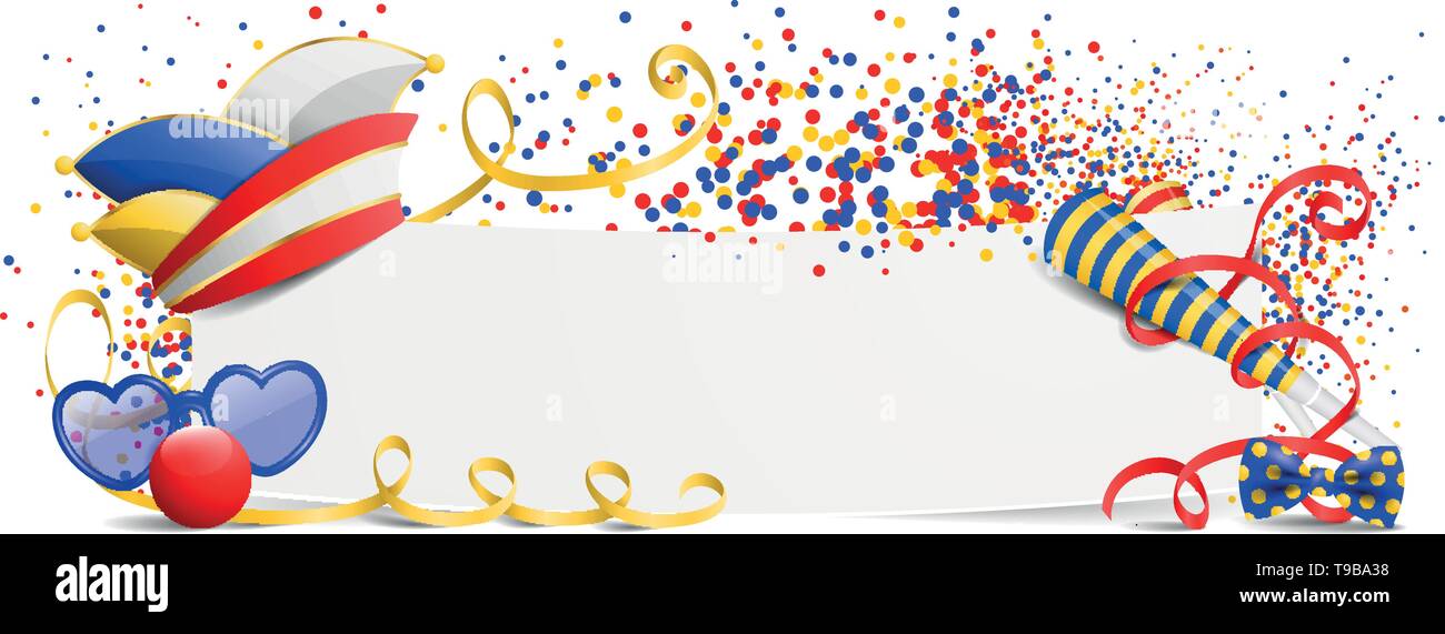 Carnival bannière avec fool's cap et confettis Illustration de Vecteur