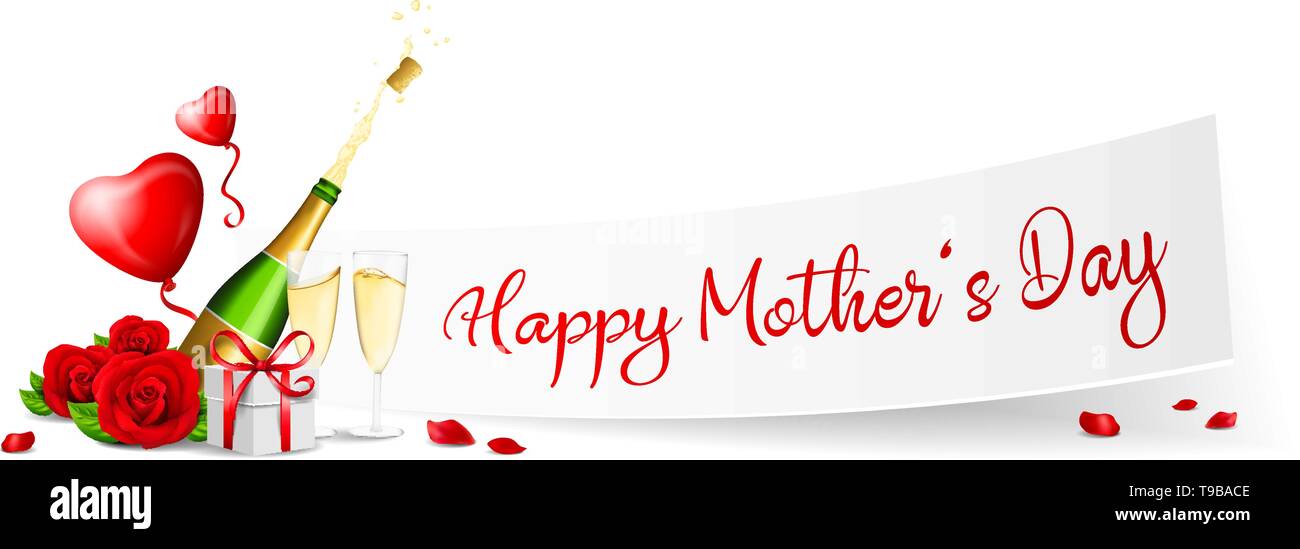 Happy mothers day bannière avec du papier cadeau, roses rouges et champagne Illustration de Vecteur