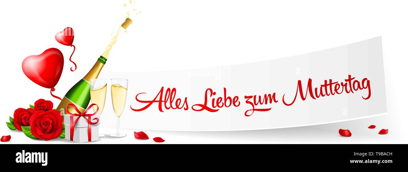 Happy mothers day bannière avec du papier cadeau, roses rouges et champagne Illustration de Vecteur