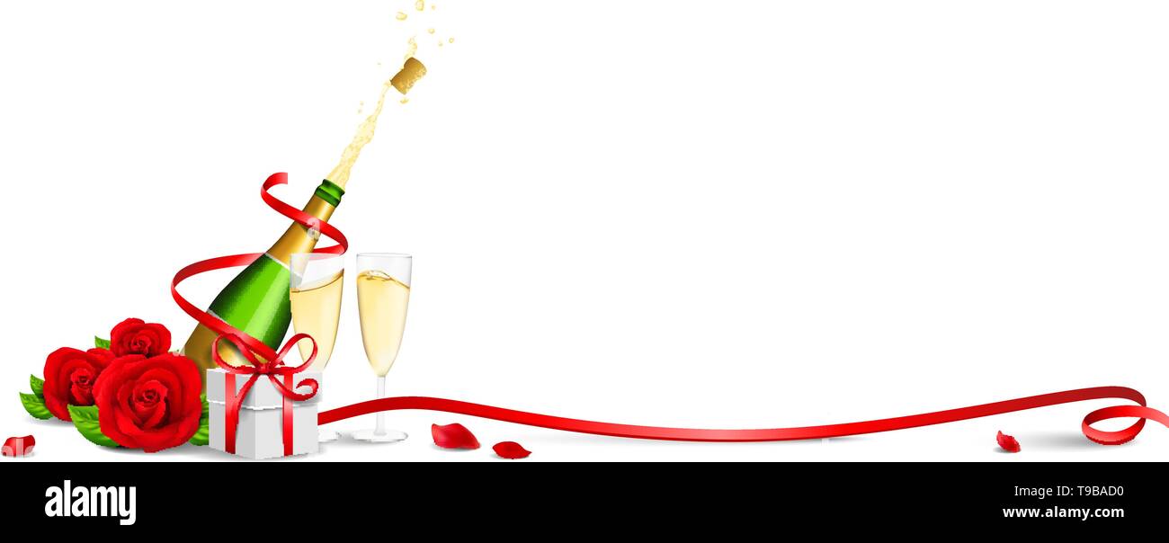 Fond romantique pour la Saint-Valentin avec deux verres de champagne, roses et boîte-cadeau Illustration de Vecteur