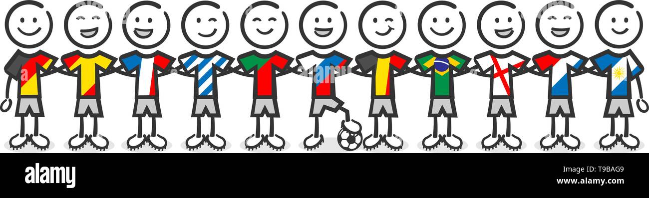 Joueur de soccer avec drapeaux pays figures bâton vecteur conception isolés Illustration de Vecteur