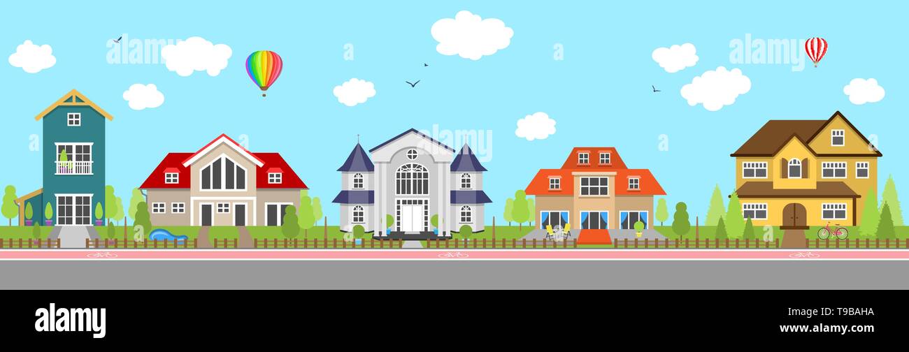 Rangée de maisons colorées différentes House home exterior Illustration de Vecteur