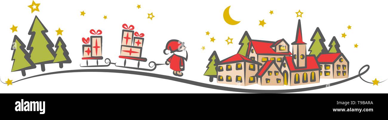 Village de Noël à l'arbre de Noël et le Père Noël avec des cadeaux Illustration de Vecteur