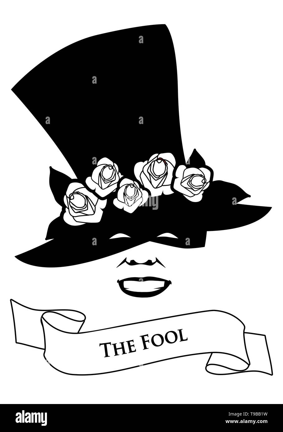 Concept de carte de tarot. L'imbécile. Joker. Chapeau avec fleur et texte de la bannière. Isolé sur fond blanc Illustration de Vecteur