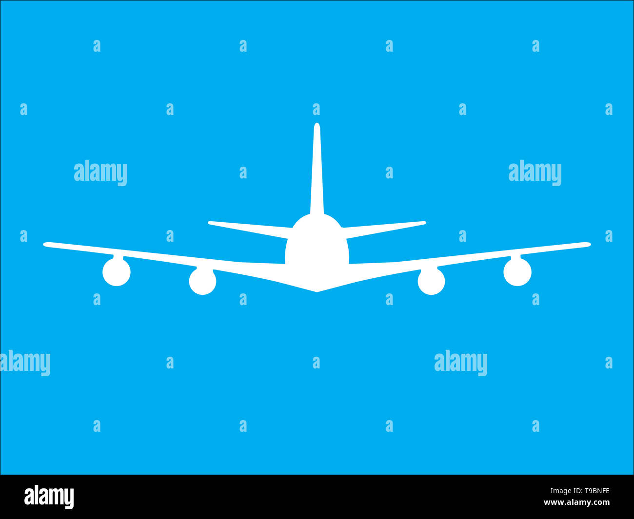 Jumbo jet avion vue avant de couleur blanche sur fond bleu illustration Banque D'Images
