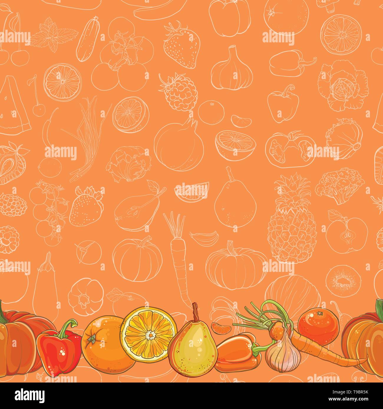 Modèle de conception lumineuse. Ensemble de fruits et légumes orange sur orange modèle vectoriel continu. Seamless background. eps 10 Illustration de Vecteur