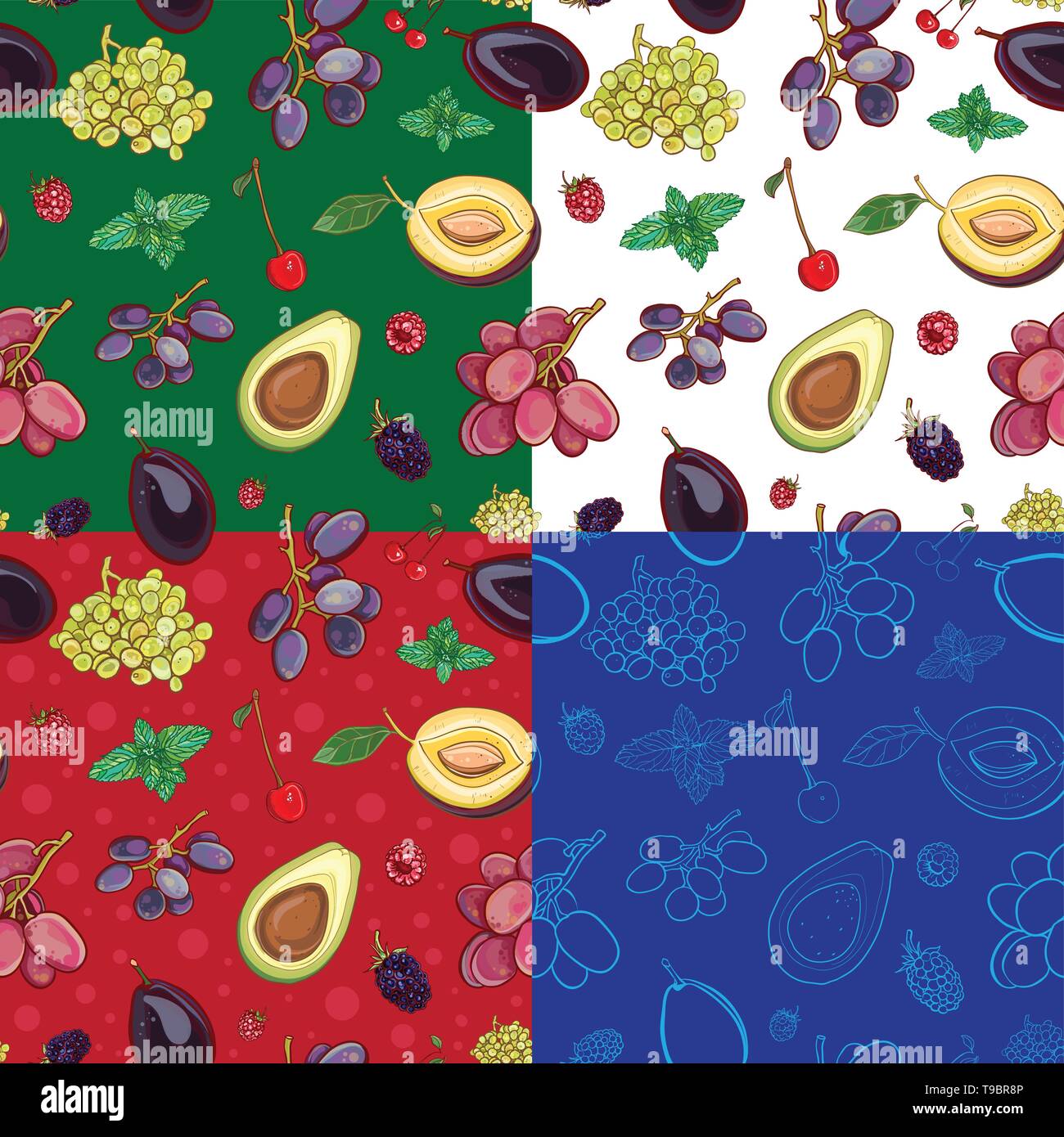 Modèle vectoriel continu avec des fruits et des PETITS FRUITS : Raisins, prunes, cerises, avocat, menthe, framboise, mûre. Quatre variante de fond. eps 10 Illustration de Vecteur