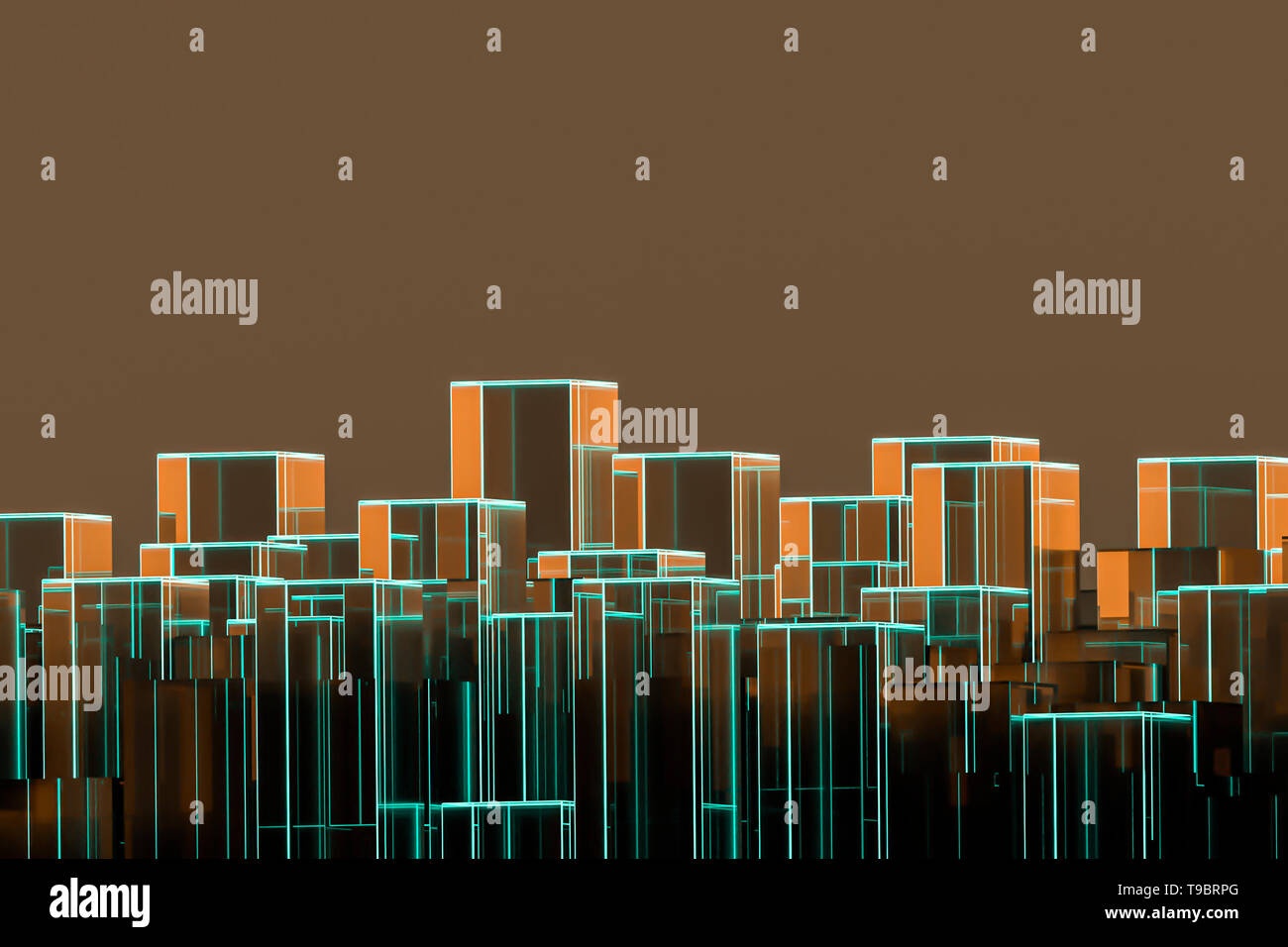 Résumé conceptuel skyline avec copie espace et cuboïdes. Orange et bleu. Rendu 3d illustration. Banque D'Images