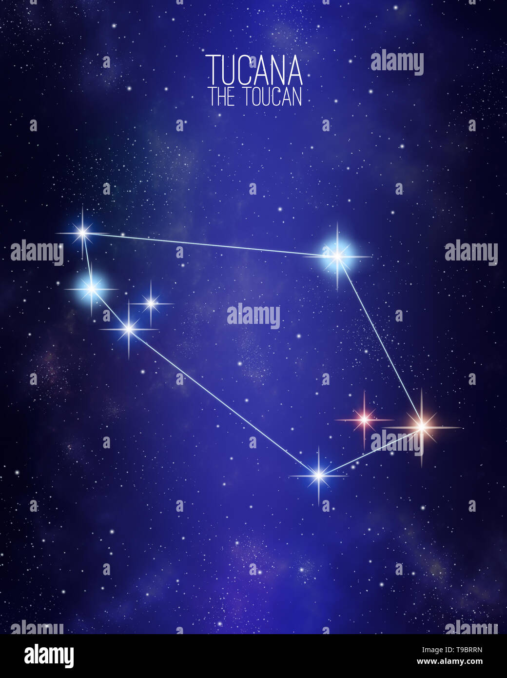 La constellation du toucan Tucana site sur un arrière-plan de l'espace étoilé. Stars taille relative et de nuances de couleurs en fonction de leur type spectral. Banque D'Images