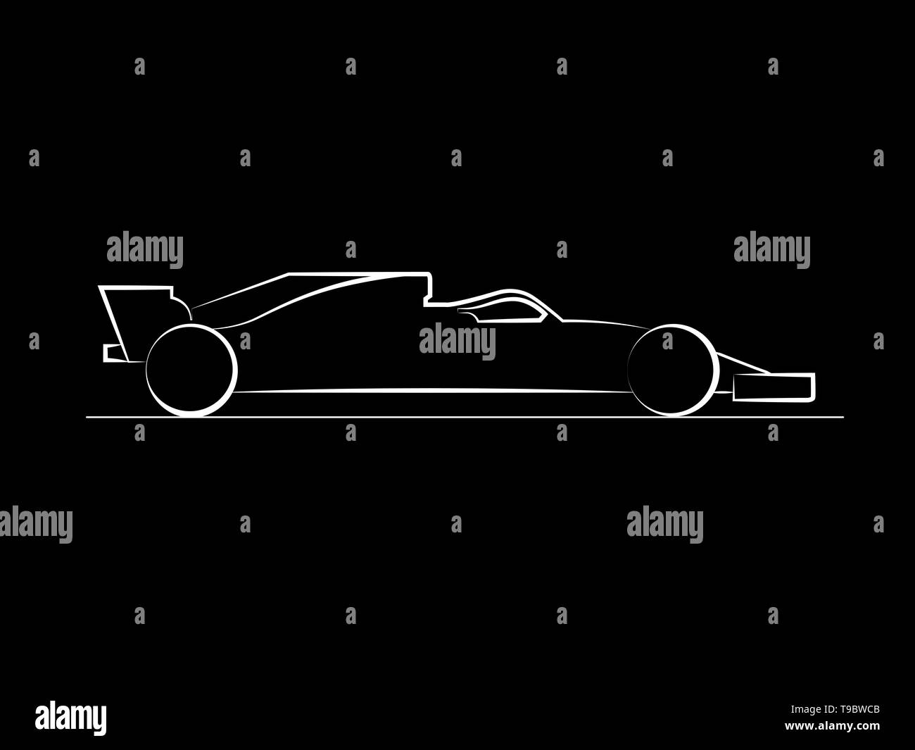 Voiture de course avec vue côté halo ligne blanche sur fond noir dessin illustration Banque D'Images