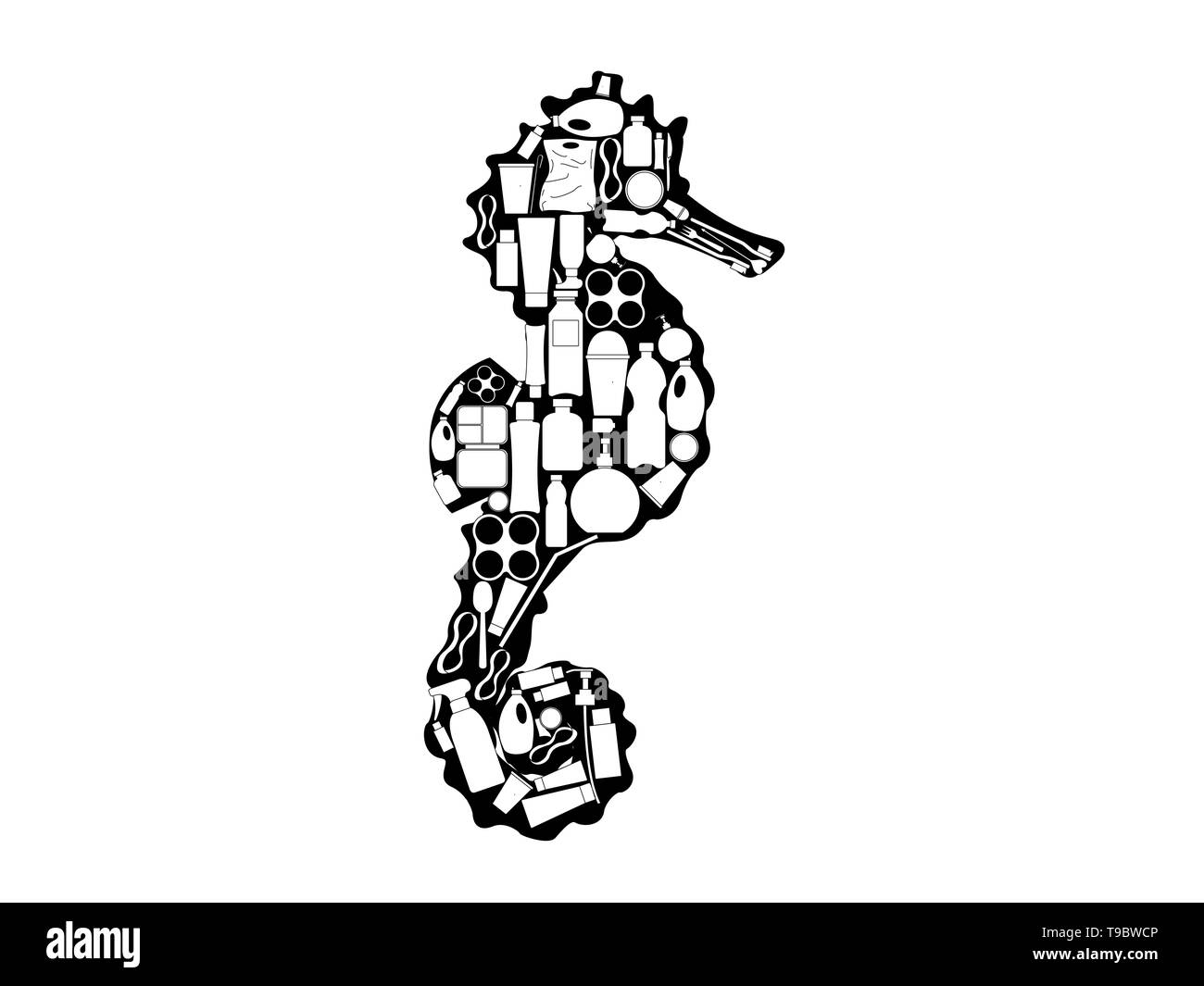 Seahorese soupe plastique illustration en noir et blanc isolé. Banque D'Images