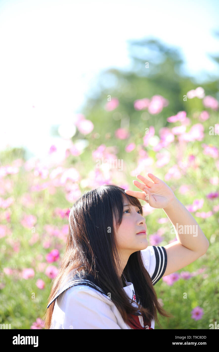 Portrait de l'école japonaise uniforme fille sourire avec fleur cosmos Banque D'Images