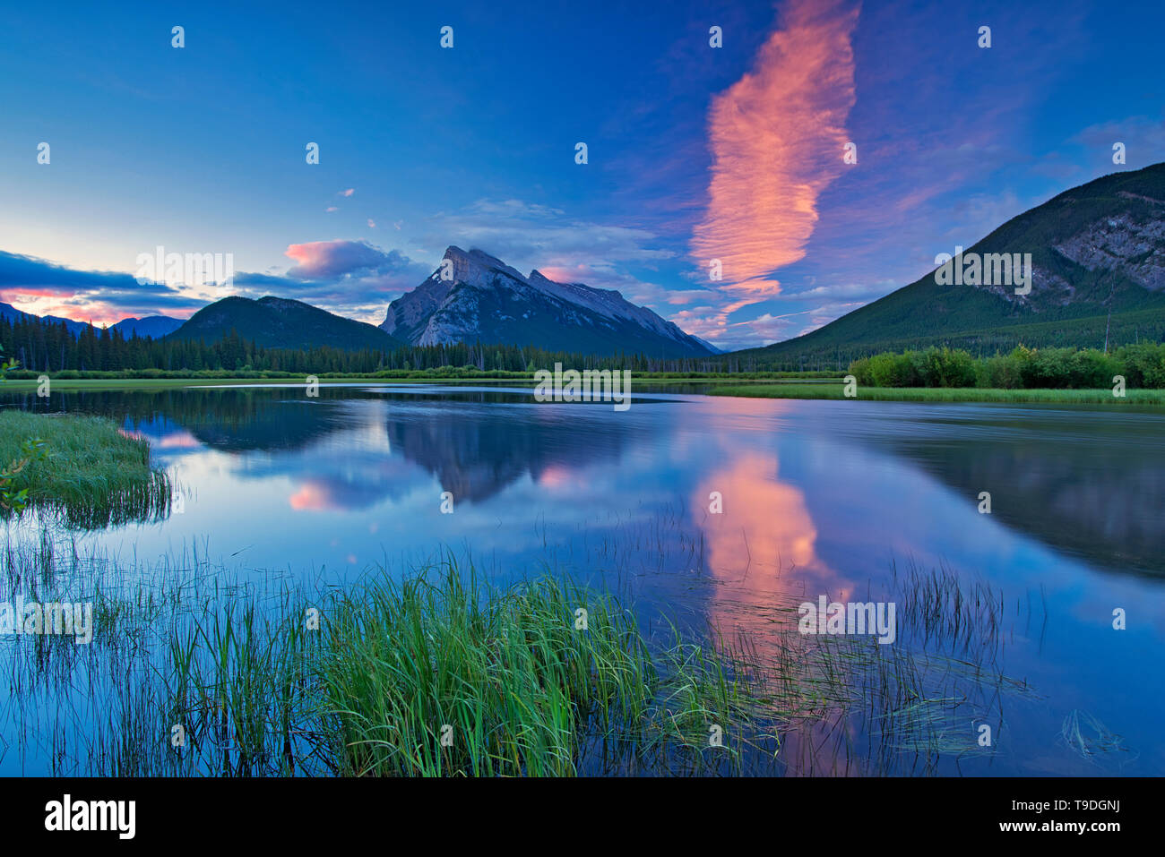 À l'aube de nuages reflétés dans les lacs Vermillion avec le Mont Rundle . Banff National Park Alberta Canada Banque D'Images