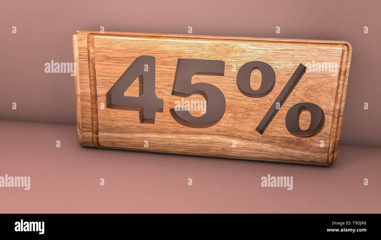 Plaque en bois sculpté avec des mots de 45 %. Le rendu 3D de vente. Banque D'Images