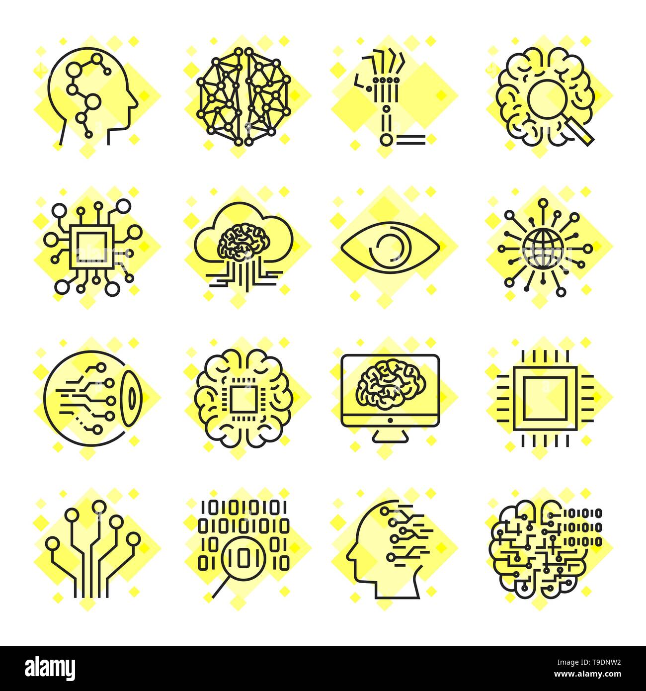 L'Intelligence Artificielle Vector Icons. Les icônes des apps, sites, programmes AI, puce, cerveau, processeur et d'autres. Avc. modifiable Illustration de Vecteur