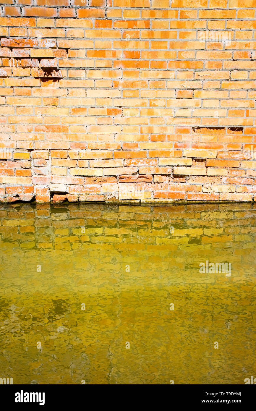 L'humidité ascensionnelle sur un mur de briques dans un canal plein d'eau Banque D'Images