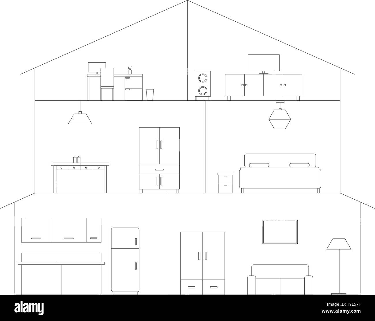 Chambre avec mobilier intérieur vue en coupe dessin. Illustration de Vecteur