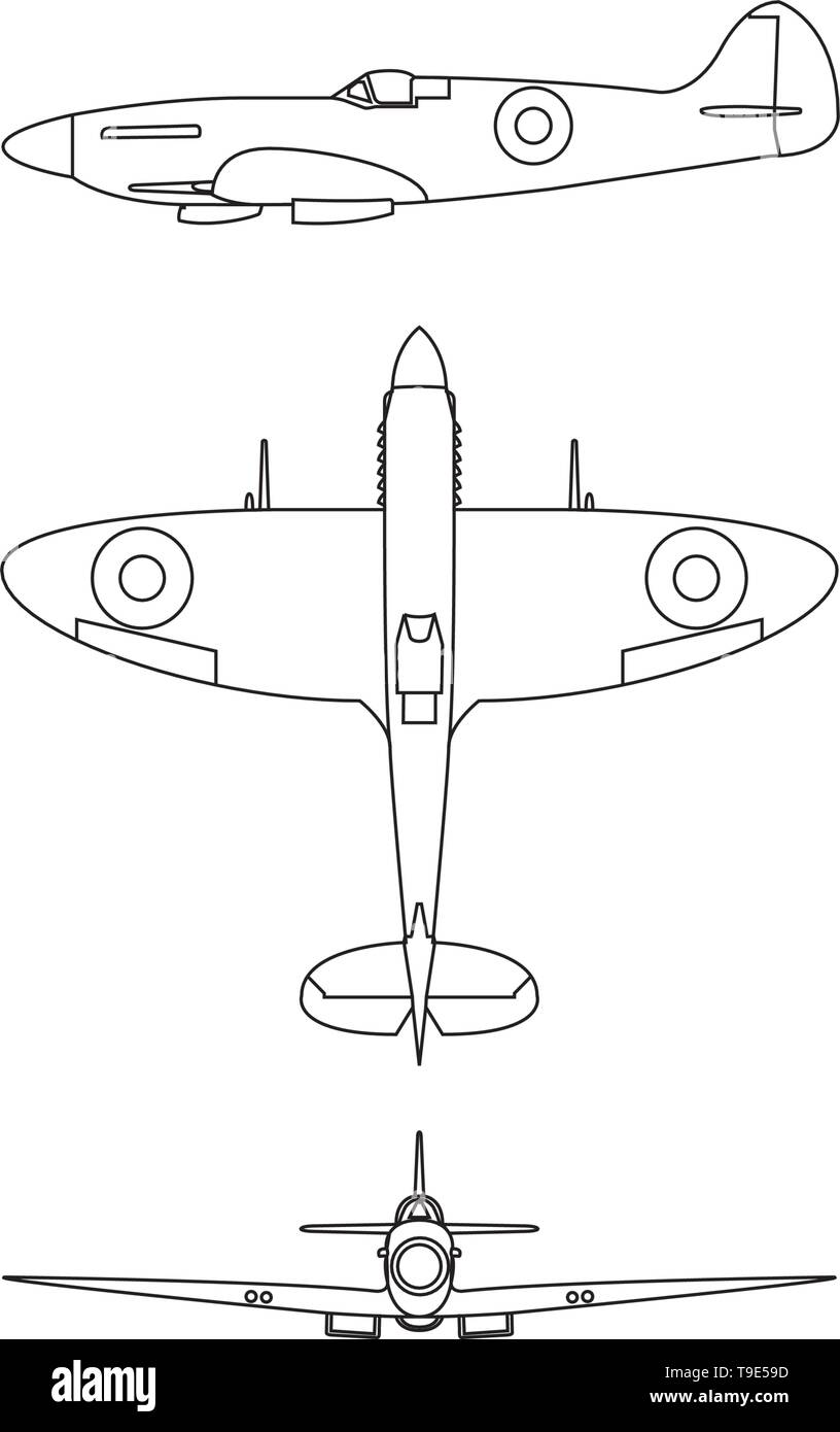 Spitfire sous-marin illustration ligne vector bleu sur fond blanc. Illustration de Vecteur