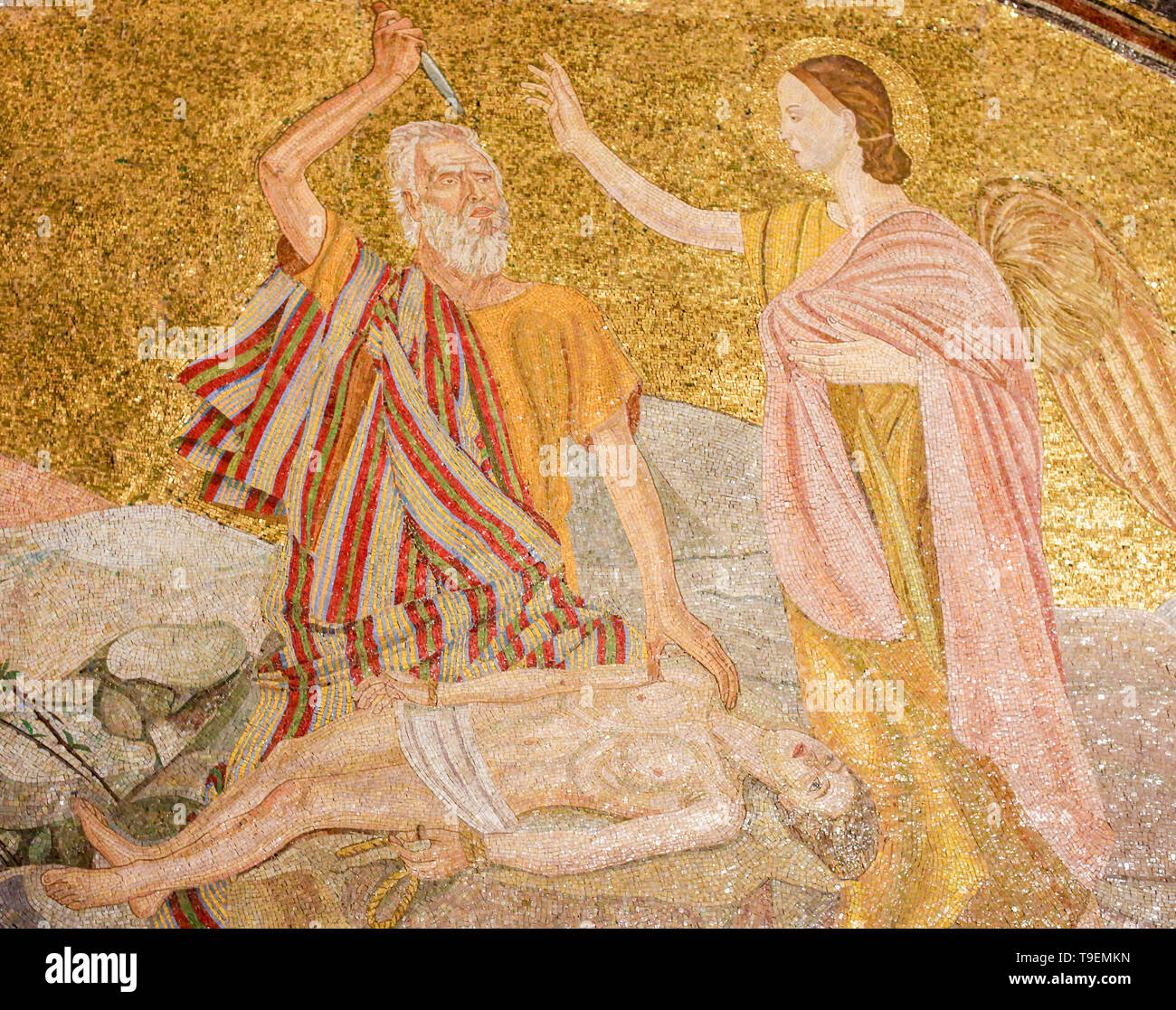 Mosaïque dans l'église du Saint Sépulcre à Jérusalem, Israël, représentant Abraham et la ligature d'Isaac Banque D'Images
