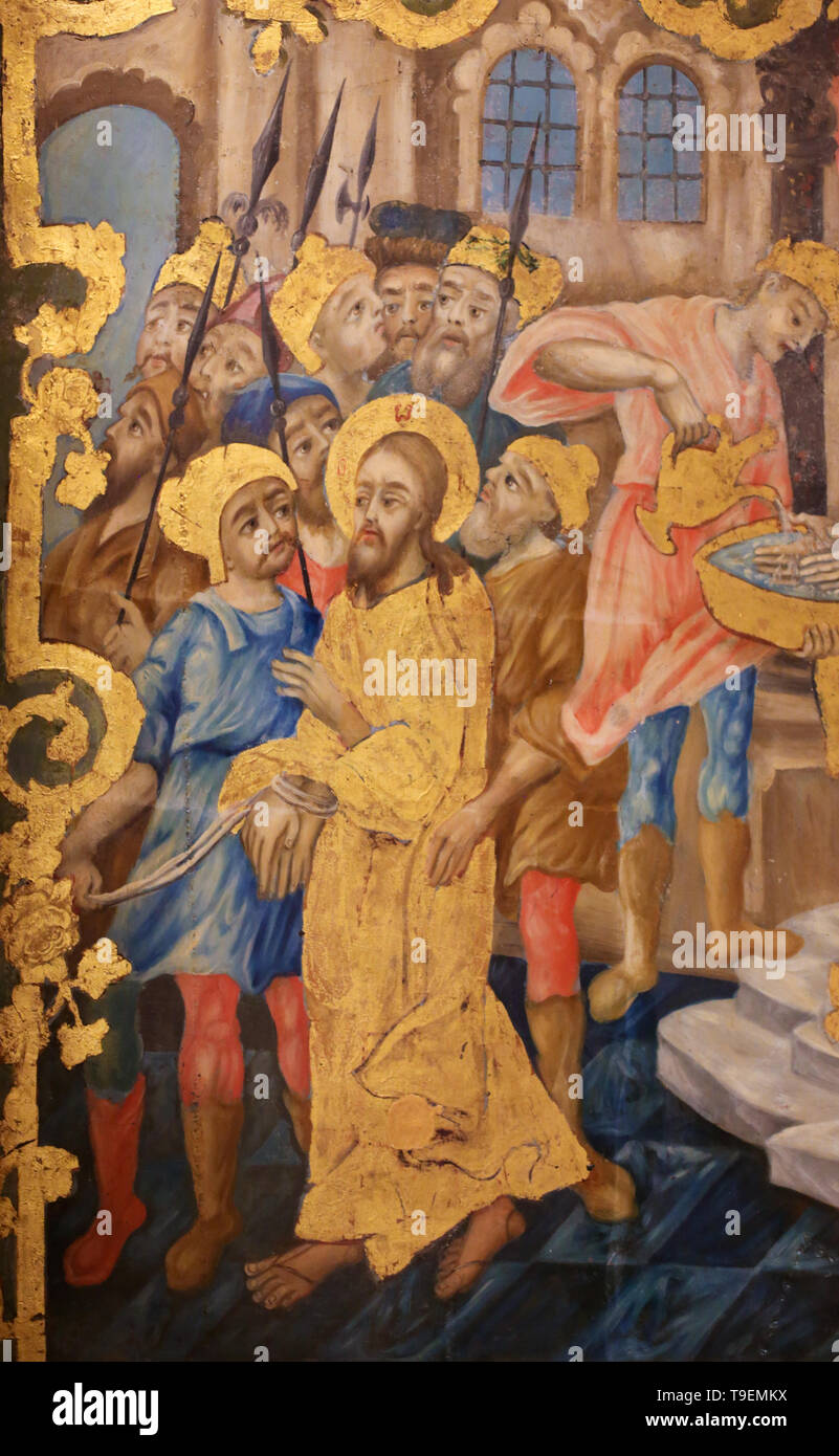 Fresque grecque orthodoxe dans l'église du Saint Sépulcre à Jérusalem, représentant Jésus Christ devant Ponce Pilate, de laver ses mains. Banque D'Images