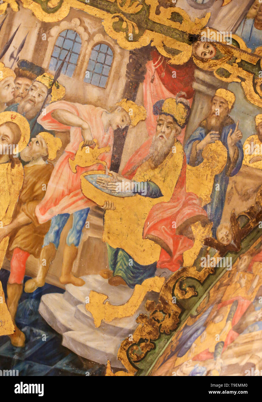 Fresque grecque orthodoxe dans l'église du Saint Sépulcre à Jérusalem, représentant Jésus Christ devant Ponce Pilate, de laver ses mains. Banque D'Images