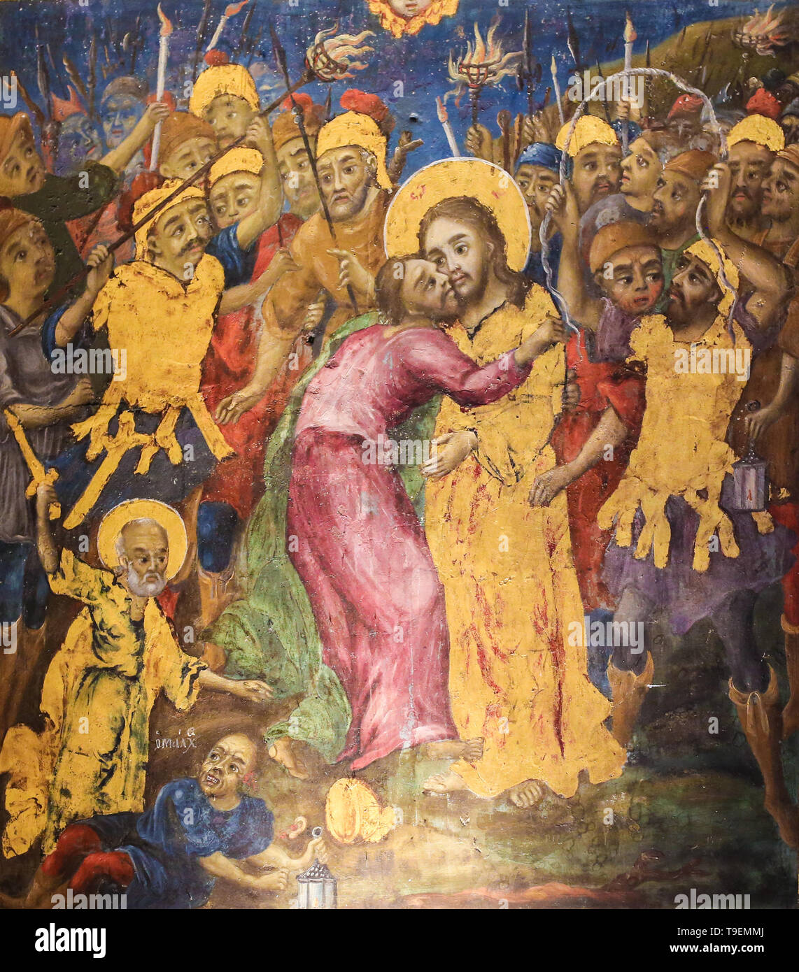 Fresque grecque orthodoxe dans l'église du Saint Sépulcre à Jérusalem, représentant Judas Iscariot trahissant Jésus avec un baiser Banque D'Images