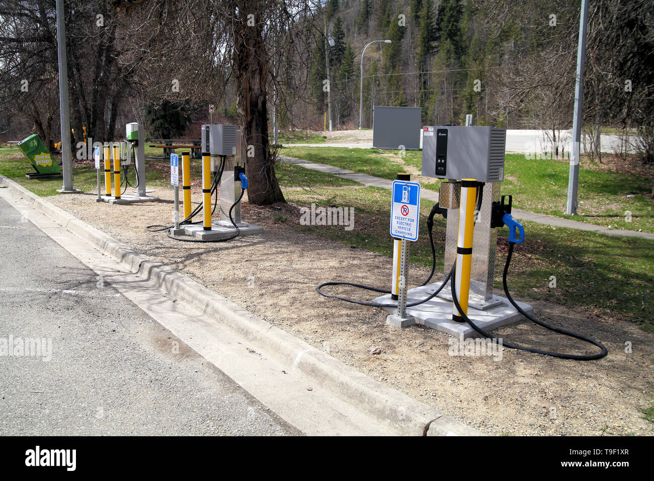 Les stations de recharge électrique pour les voitures électriques, situé à un arrêt de repos au sud de Avola, en Colombie-Britannique. Banque D'Images