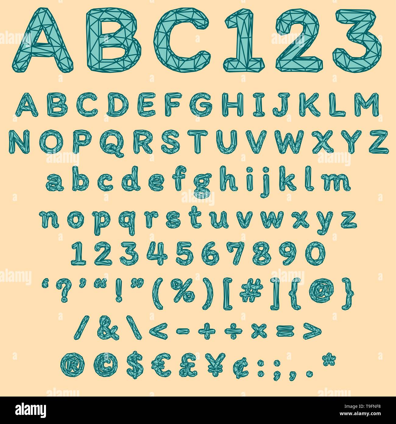 Numérique géométrique moderne font avec green wire mesh lettres et formes polygonales Illustration de Vecteur