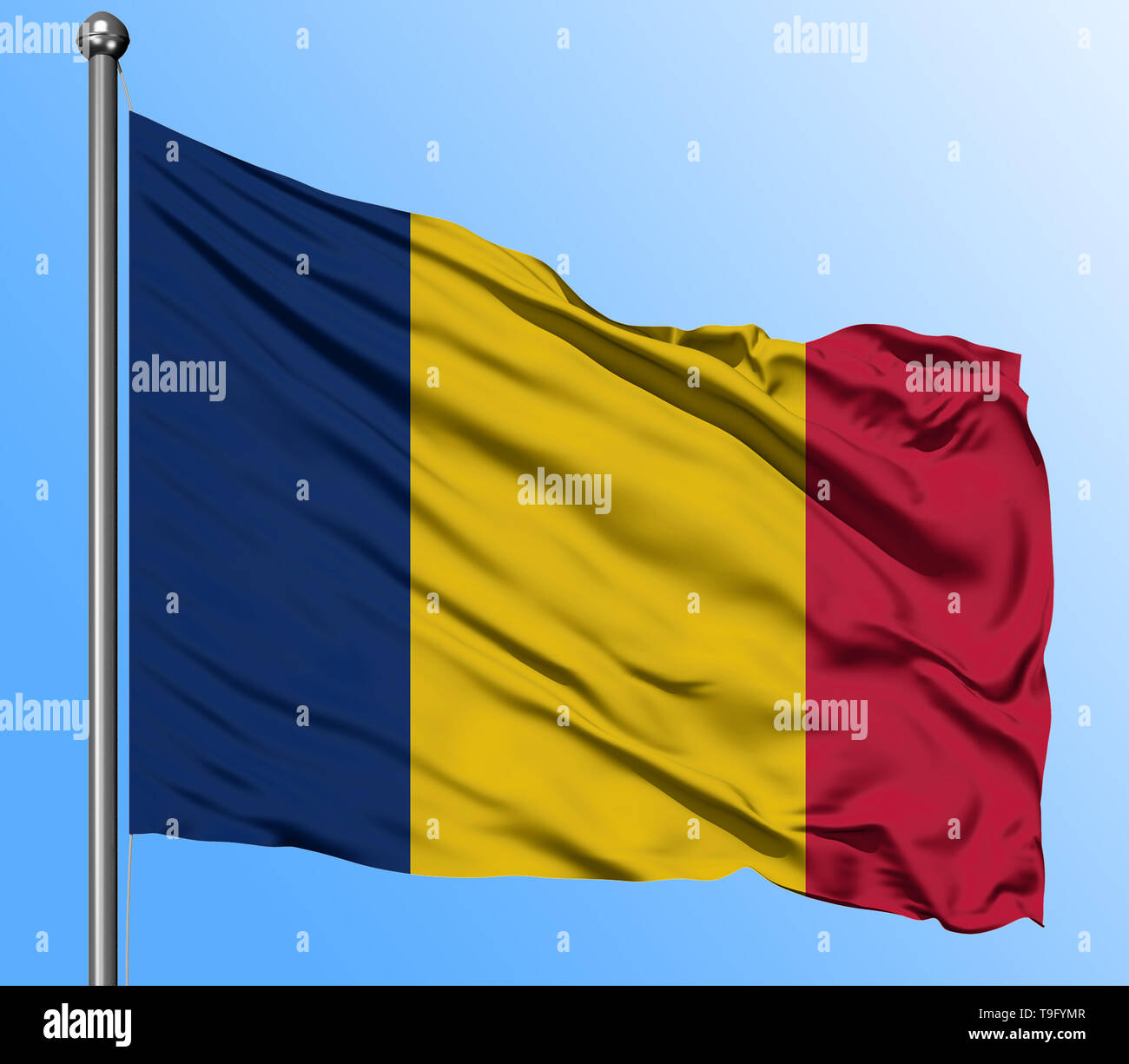 De brandir le drapeau du Tchad dans le ciel bleu profond arrière-plan. Drapeau national isolé. L'affichage macro shot. Banque D'Images