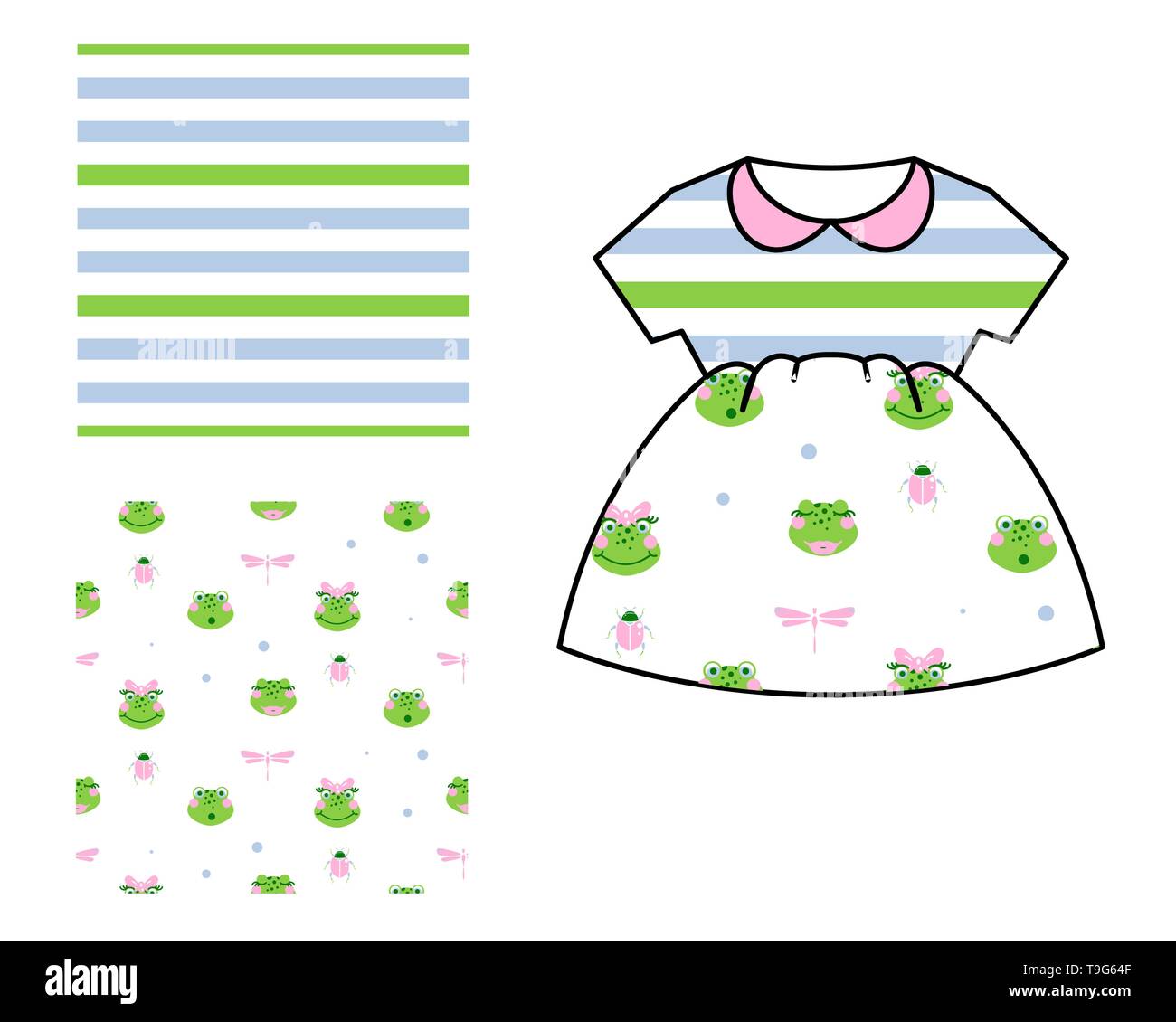 Dessin de robe pour les filles. Grenouilles et rayures pattern set transparente. Illustration de Vecteur