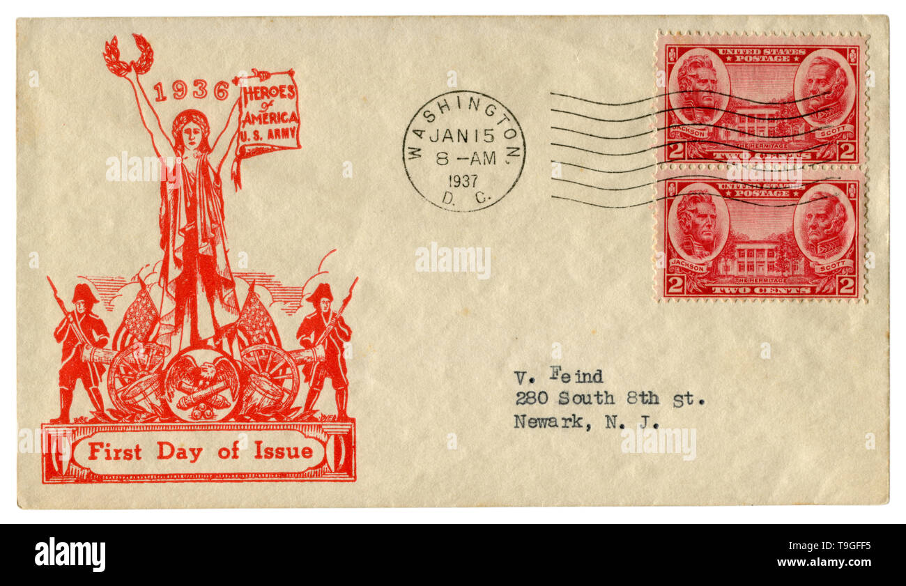 Washington D.C., USA - Le 15 janvier 1937 : enveloppe historique : couvrir avec cachet patriotique héros d'Amérique, de l'armée américaine, deux timbres-poste rouge Banque D'Images