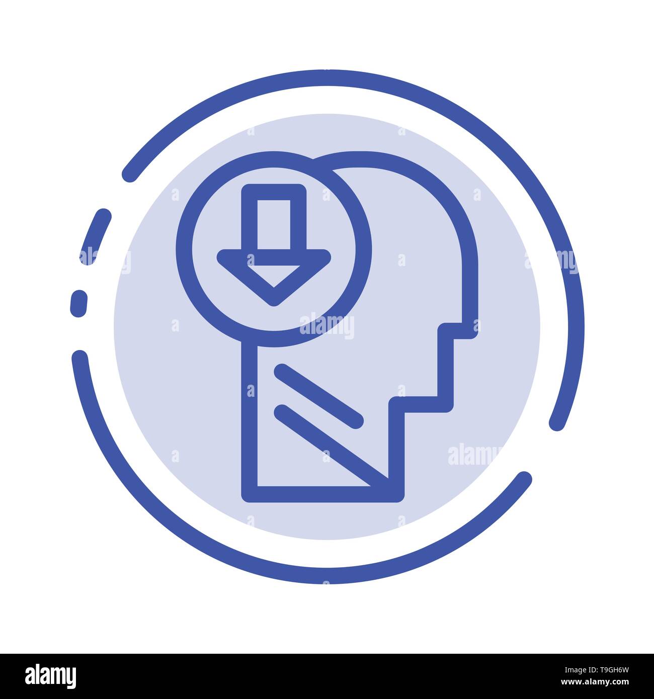 Flèche, Head, en connaissances, en bas sur l'icône de la ligne en pointillé bleu Illustration de Vecteur