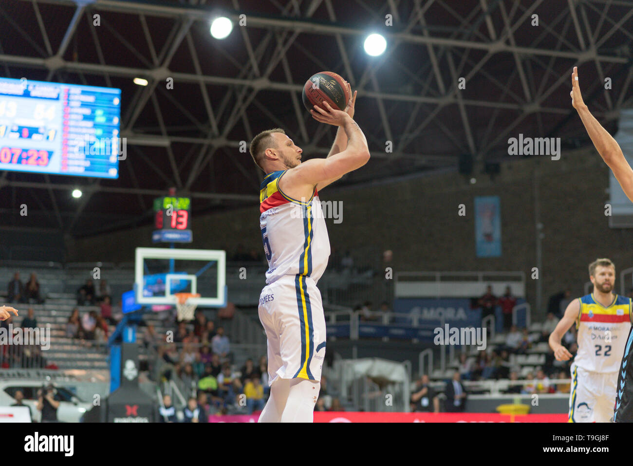 Andorre-la-Vieille, Andorre joueurs en action au Liga ACB Endesa match entre Mora Banc Andorra BC et CB Breogan , score final 91 - 87, le 18 mai 2019 Banque D'Images