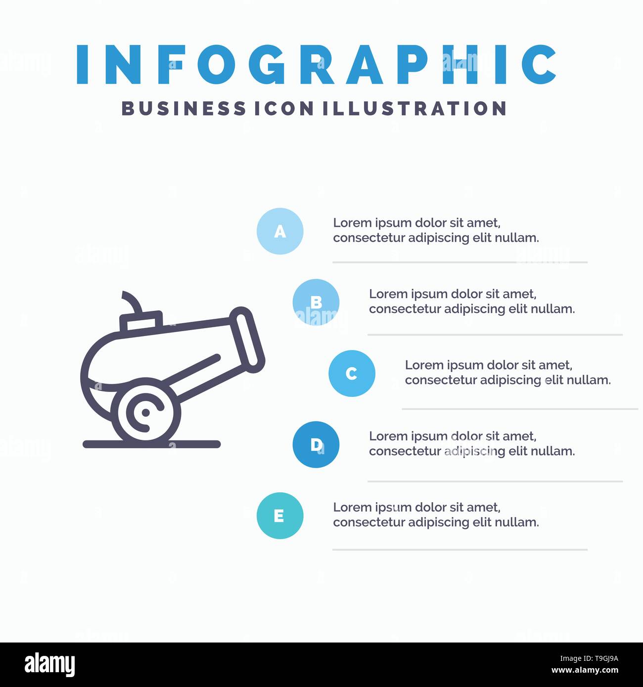 Arme Canon, infographies bleu Modèle 5 étapes. Modèle de l'icône de la ligne du vecteur Illustration de Vecteur