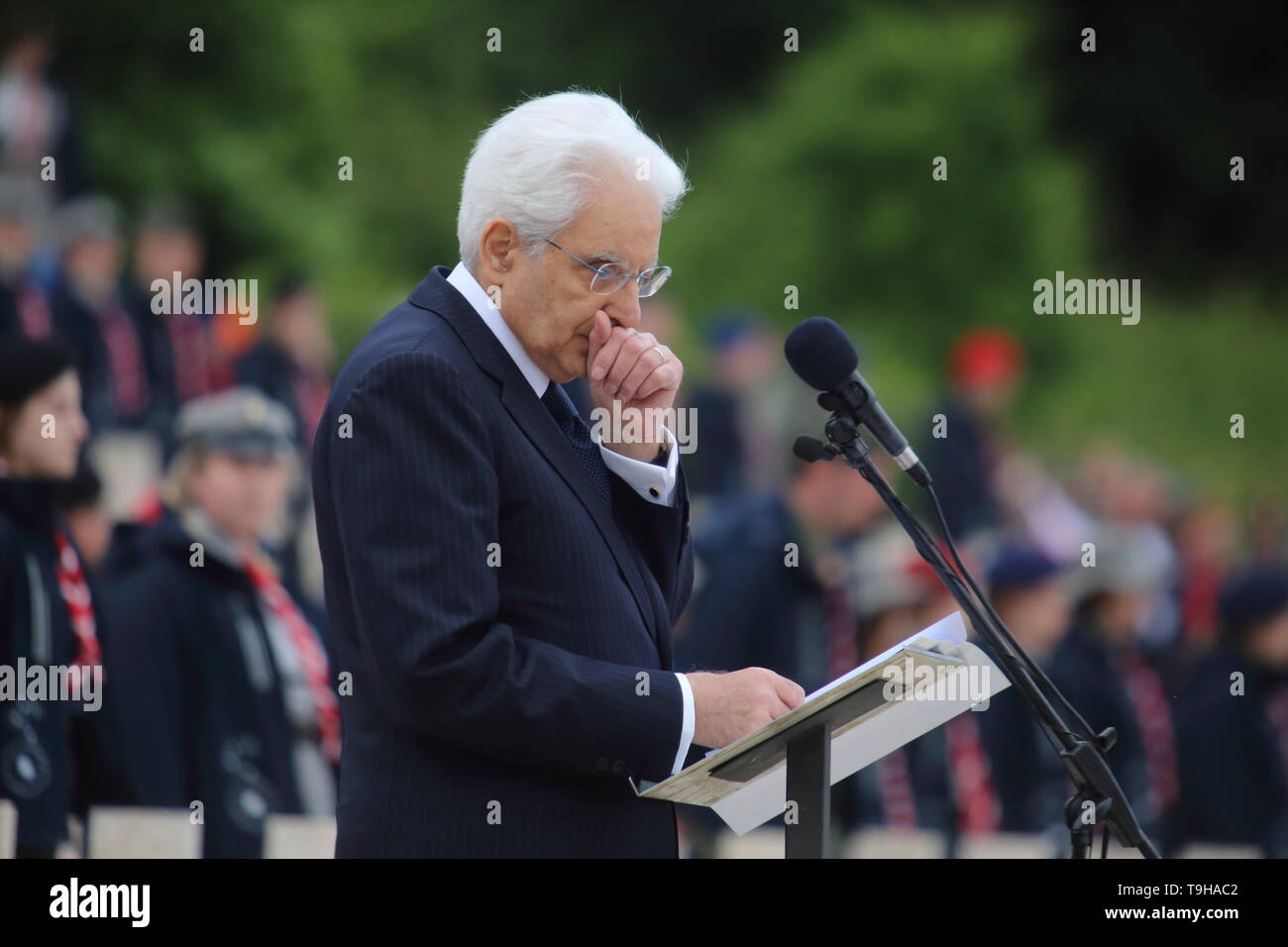 Cassino, Italie - 18 mai 2019 : Le discours du président de la République italienne Sergio Mattarella dans le cimetière militaire polonais pour le 75e anniversaire de la bataille de Montecassino Banque D'Images