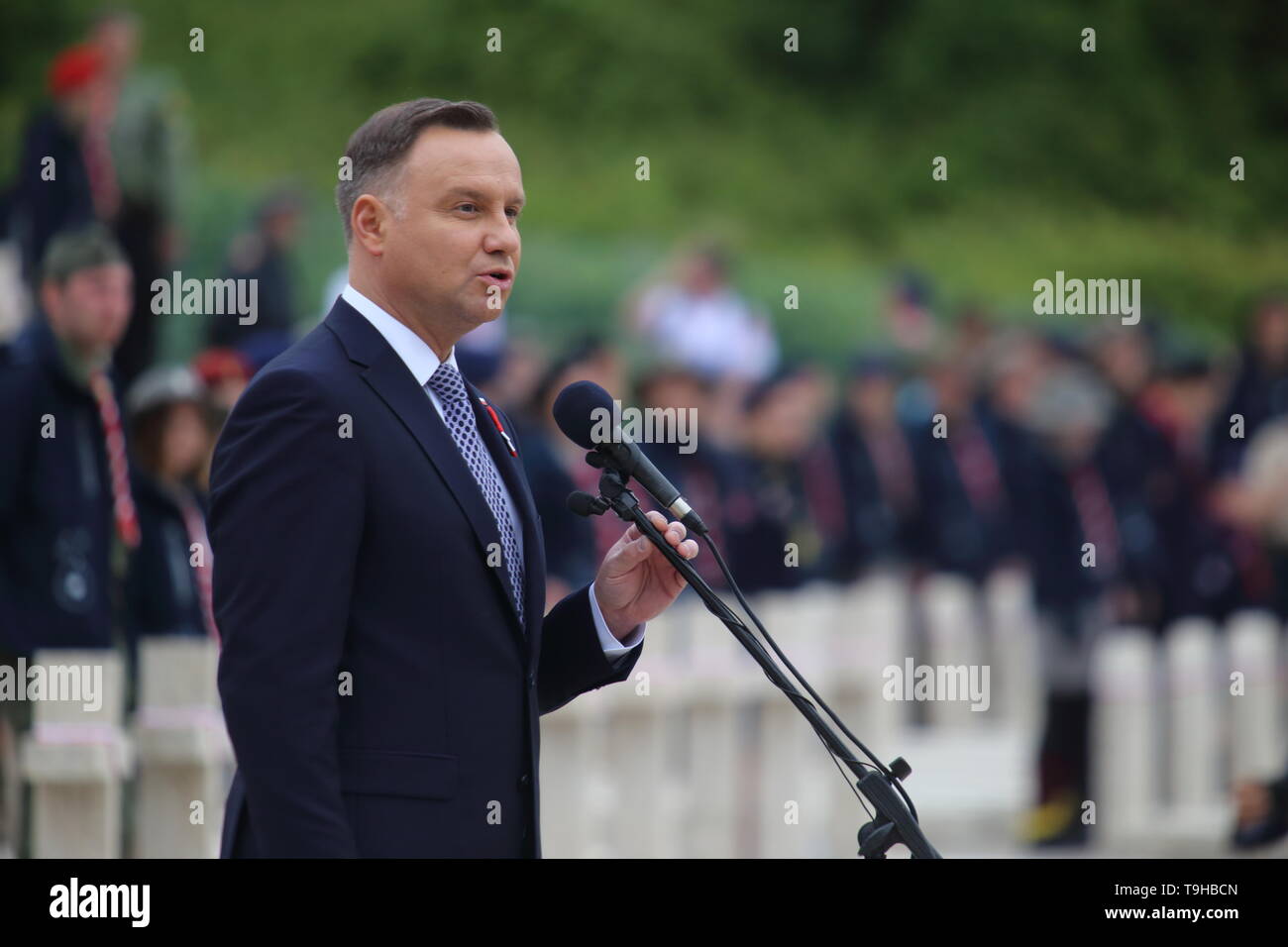 Cassino, Italie - 18 mai 2019 : Le discours du président de la République de Pologne Andrzej Duda dans le cimetière militaire polonais pour le 75e anniversaire de la bataille de Montecassino Banque D'Images