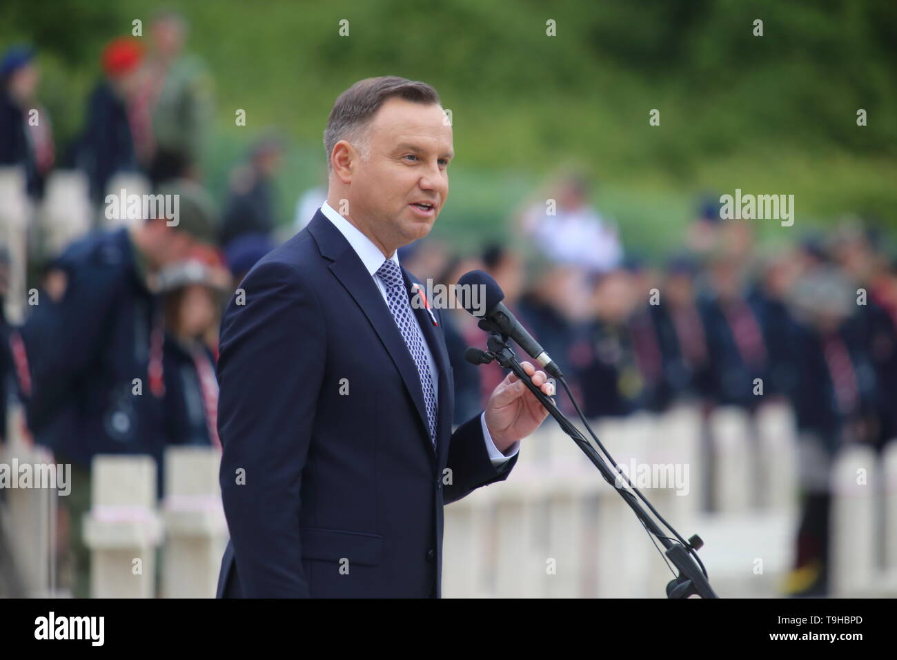 Cassino, Italie - 18 mai 2019 : Le discours du président de la République de Pologne Andrzej Duda dans le cimetière militaire polonais pour le 75e anniversaire de la bataille de Montecassino Banque D'Images