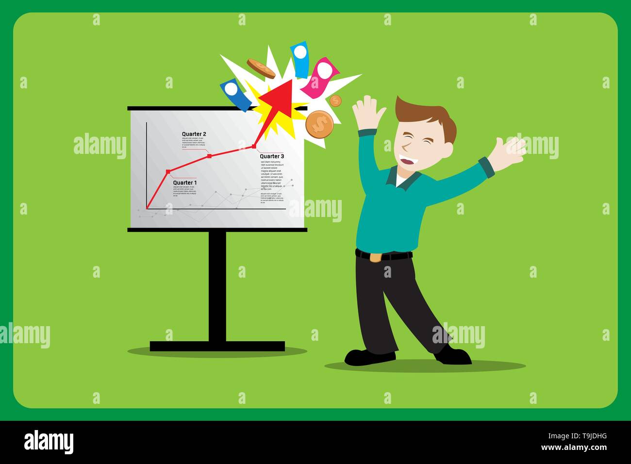 L'homme d'affaires tout en se sentant heureux de présentation avec succès. Style plat avec des couches pour une utilisation facile. Illustration de Vecteur