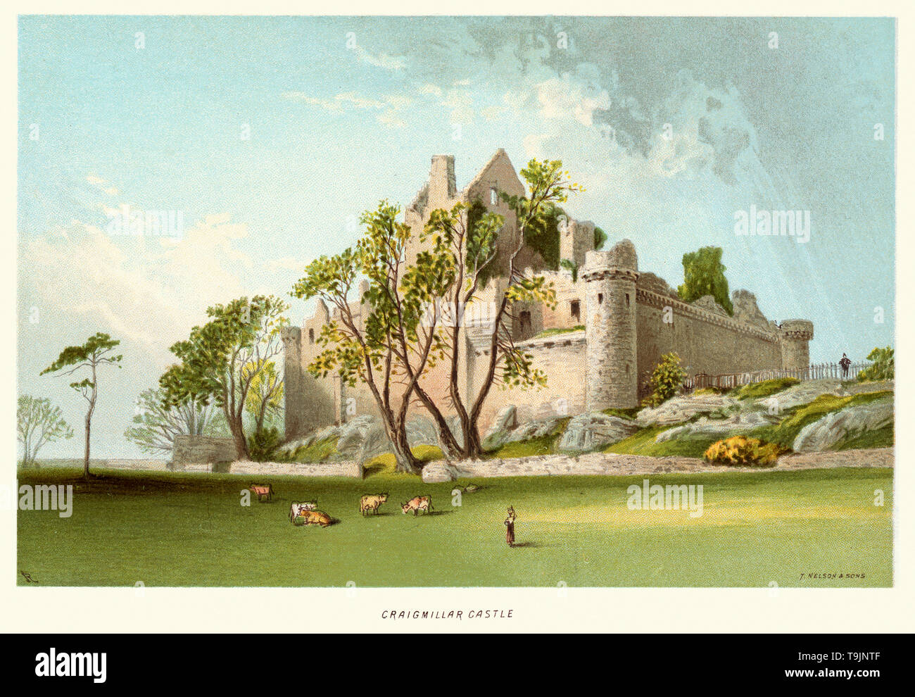 Vintage print de Craigmillar Castle vers 1880. Craigmillar Castle est un château médiéval en ruine à Édimbourg, en Écosse. Il a été commencé à la fin du xive siècle par la famille Preston, barons féodaux de Craigmillar, et prolongé jusqu'à la 15e et 16e siècles. Banque D'Images