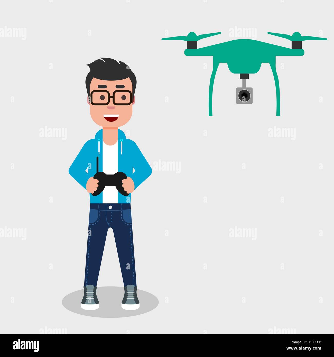 Jeune homme heureux drone volant avec commande à distance. Caractère souriant antenne contrôle drone avec un appareil photo. L'utilisation d'un drone pour prendre des photos ou de la vidéo. Illustration de Vecteur