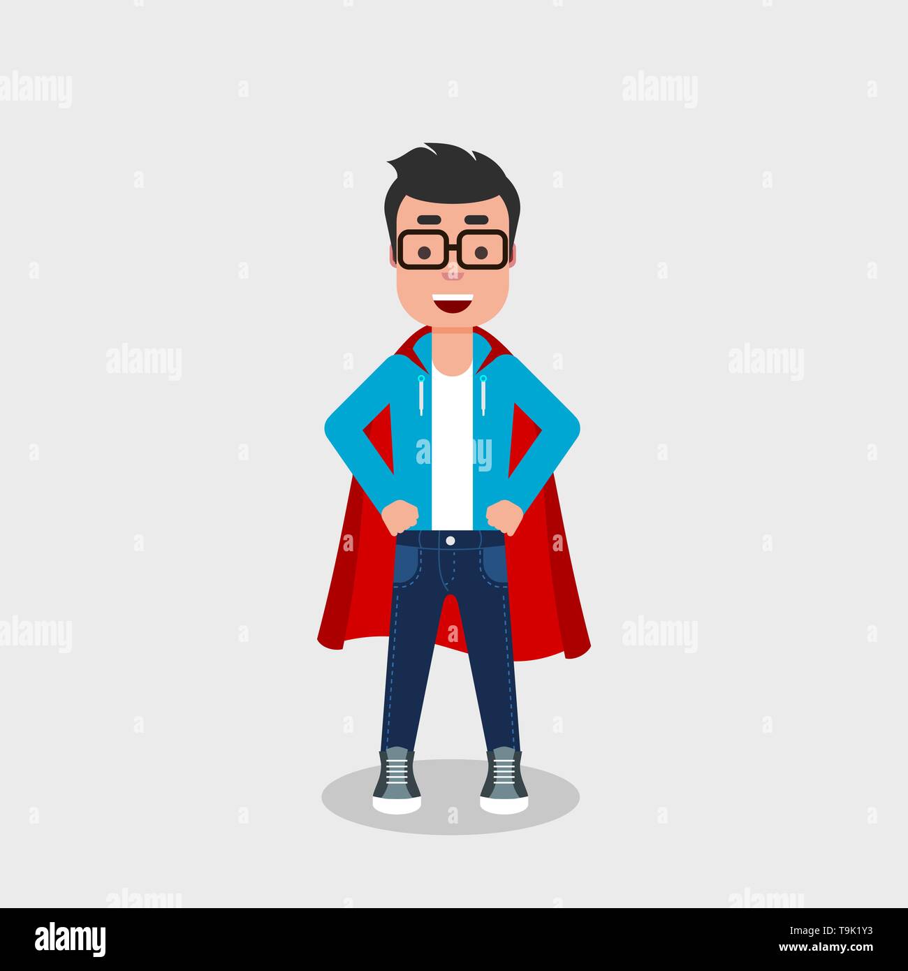 Joyeux jeune homme portant un costume de super-héro. La confiance en soi, l'estime de soi, concept. Personnage souriant dans superman posent avec un manteau rouge. Vector Illustration de Vecteur