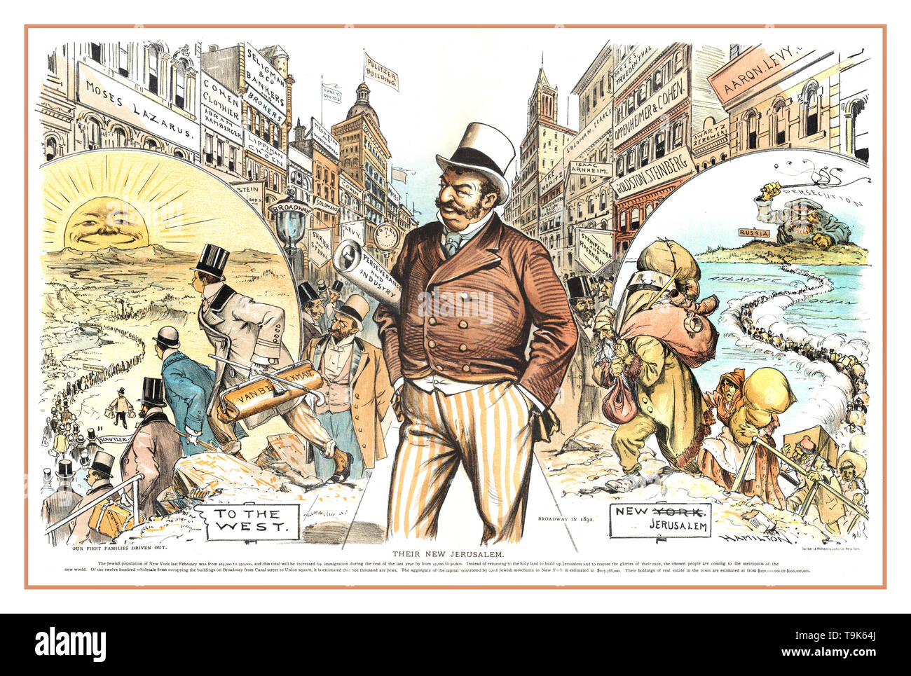 Vintage 1890's USA politique anti-juif antisémite cartoon style Affiche de propagande les stéréotypes juifs - 'leur' Nouvelle Jérusalem Amérique 1892 Banque D'Images