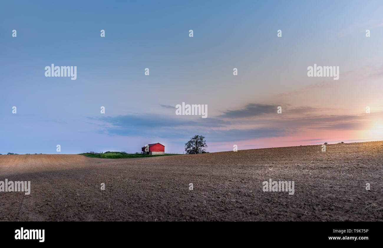 Ferme idyllique avec grange rouge dans la campagne du Maryland avec champs labourés au coucher du soleil pendant le printemps Banque D'Images