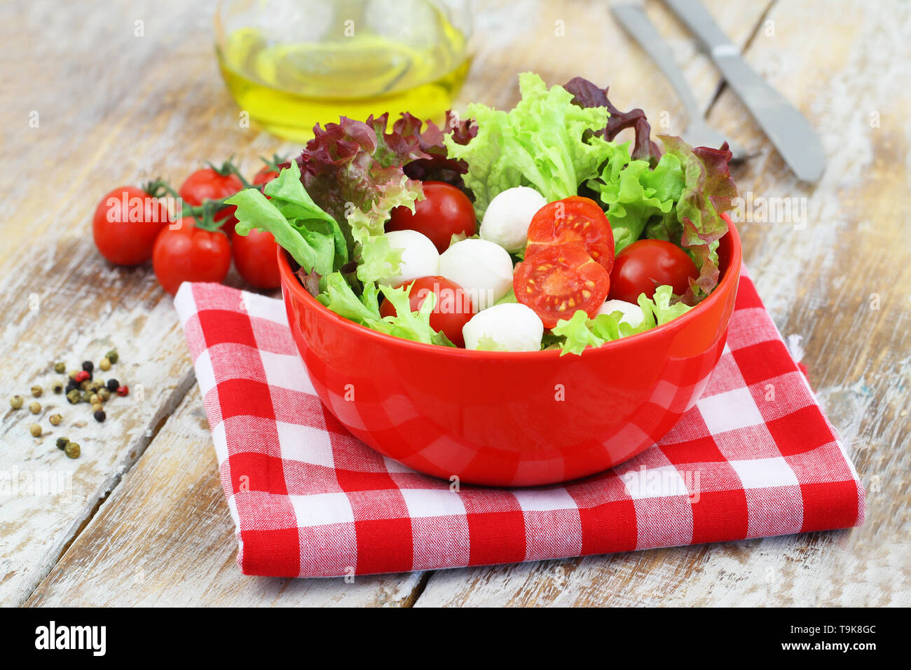 La mozzarella nutritifs et salade de tomates cerise rouge en tissu à carreaux sur le bol Banque D'Images