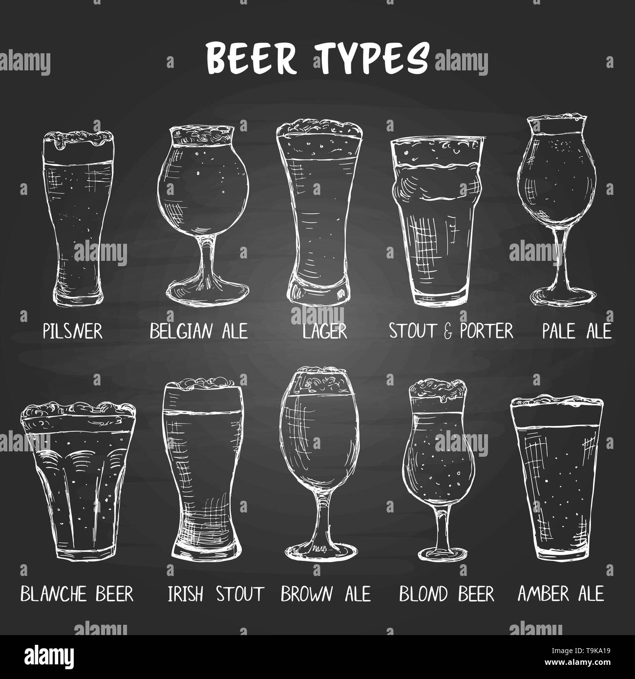 Ensemble de types de verres à bière à la main sur le tableau noir Illustration de Vecteur