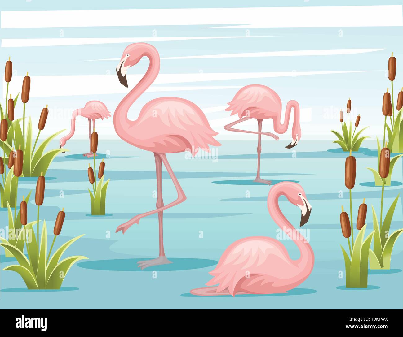 Groupe de flamants roses dans l'eau. Lac avec roseaux verts. Les oiseaux restent dans le lac. Télévision vector illustration sur bleu ciel avec fond de nuage. Illustration de Vecteur