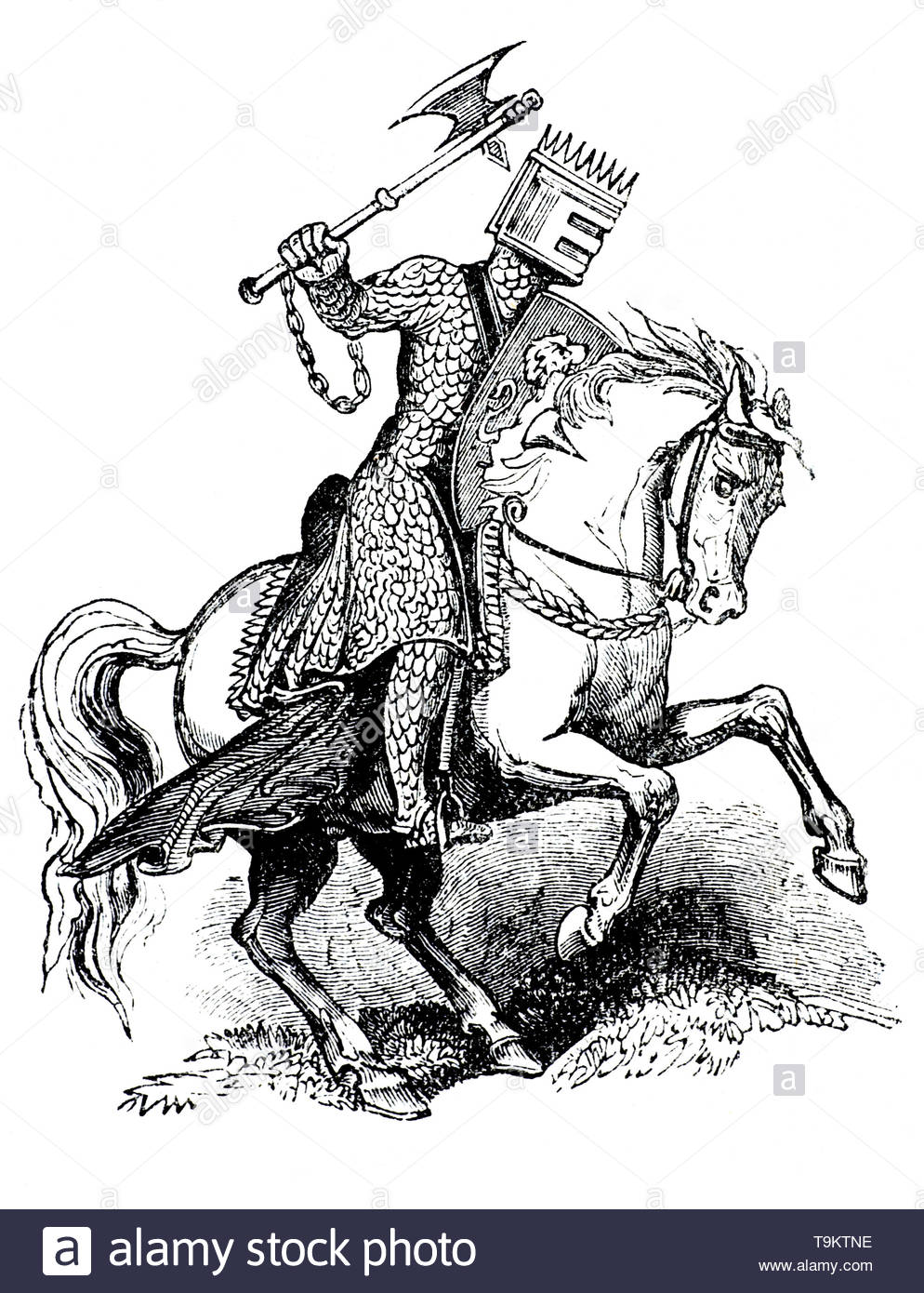 Chevalier médiéval à cheval portant une armure, vintage illustration de 1884 Banque D'Images