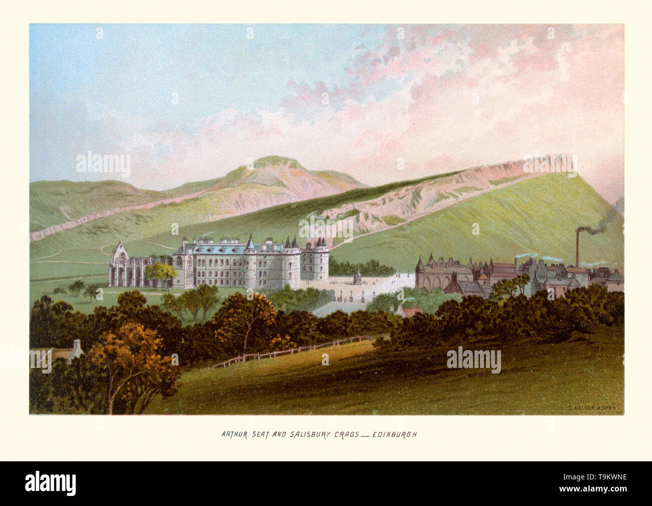 Vintage print of Arthur Seat et Salisbury Crags, Édimbourg, Écosse, circa 1880 Banque D'Images